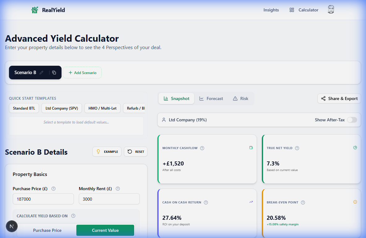 RealYield scenario tabs with Add Scenario button