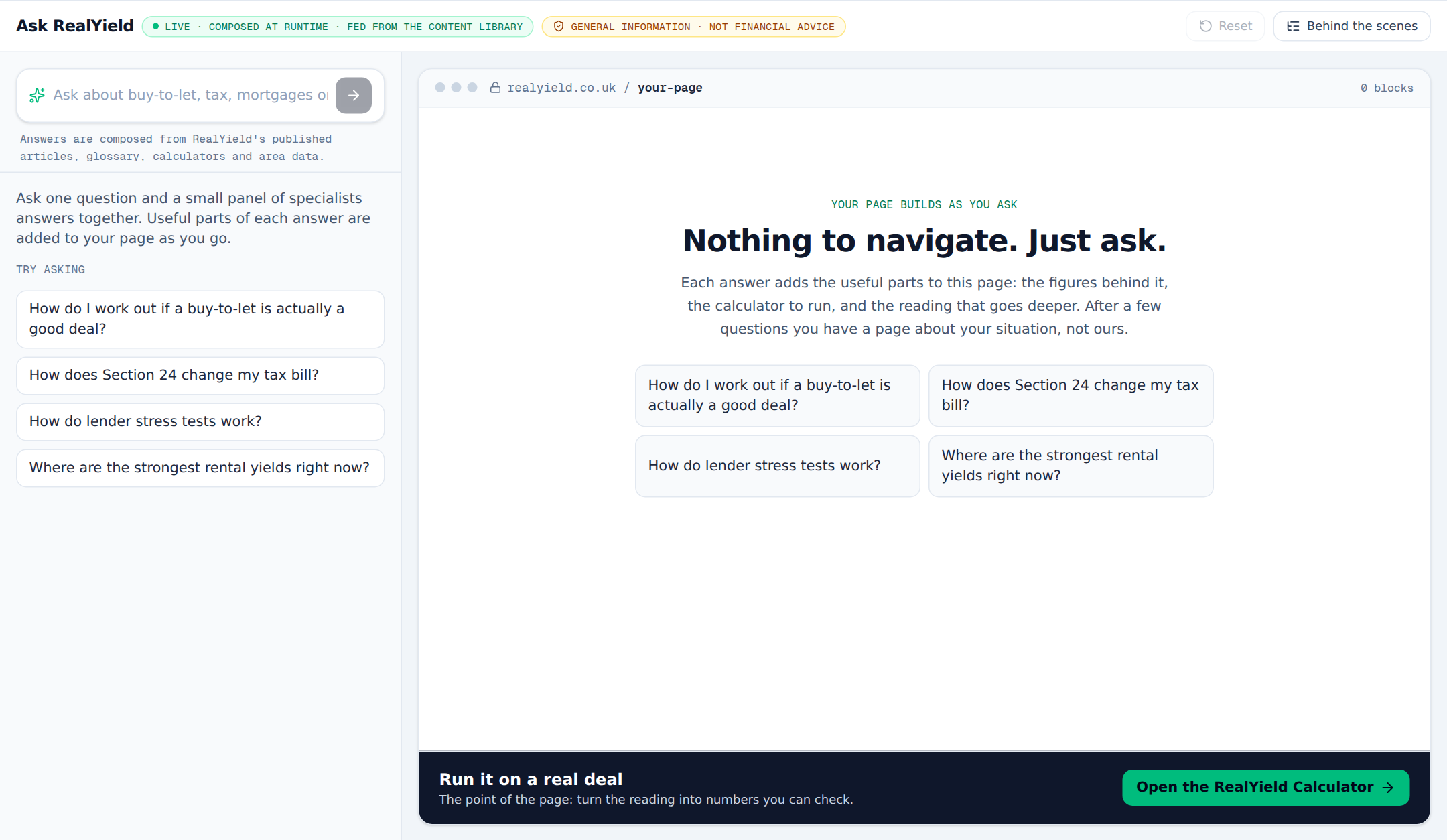 The Ask RealYield start screen. A question box on the left with suggested questions, and an empty page on the right that reads Nothing to navigate, just ask.
