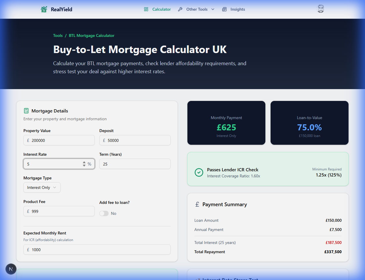 RealYield BTL Mortgage Calculator showing payments and stress test