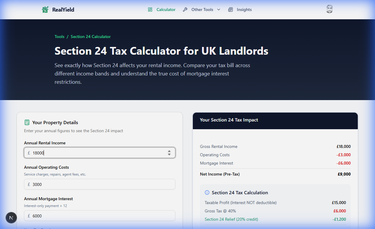 RealYield Section 24 Calculator showing tax impact comparison